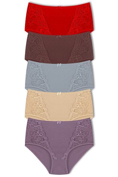 HNX 5-Piece High Waist Large Size Lace Detailed Cotton Bato Women's Panties