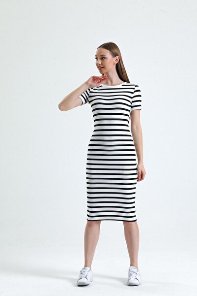 Miss Murem Black Ecru Crew Neck Dress