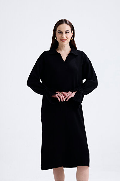 Askı Nişantaşı Black Crew Neck Hair Braided Knitwear Dress