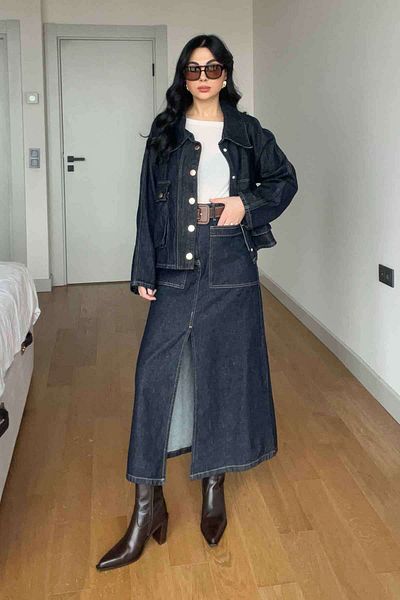 Seda Yalçın Atelier Navy Blue Denim Skirt with Contrast Stitching and Slit