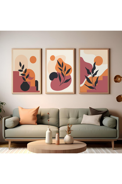 ARTCASTLE Set de 3 tablouri cu ramă din lemn, model vegetal