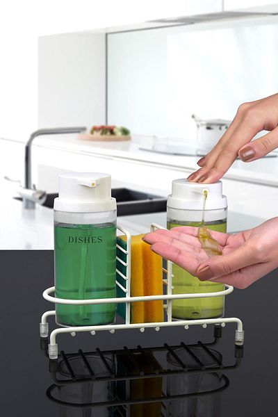 Okyanus Home Dozator de săpun lichid transparent alb Deluxe cu suport rotund din 2 piese