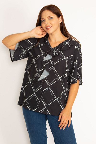 Şans Women's Large Size Black Collar Flounce Blouse 65n34574