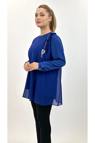 Ayda Triko Zero Collar Crepe and Chiffon Pleat - Stone Embellished Plus Size Blouse