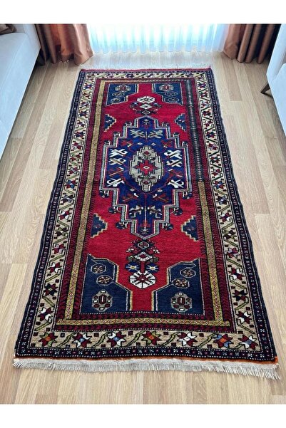 DesignEv 124x240 cm Canlı Kırmızı ve Mavi El Dokuma Türk Kilimi, Nostaljik Uş...