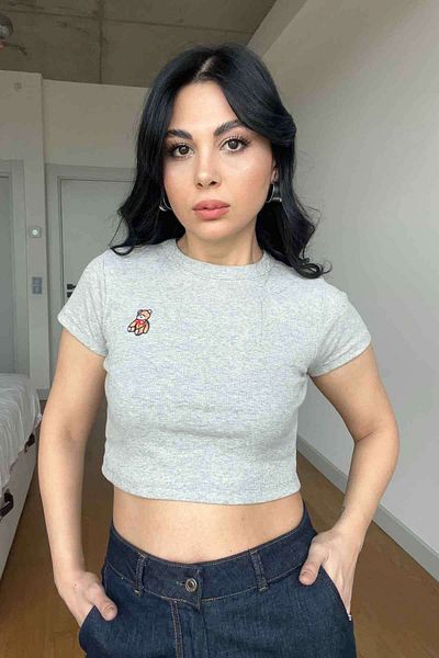 Seda Yalçın Atelier Gray Teddy Bear Embroidered Crop