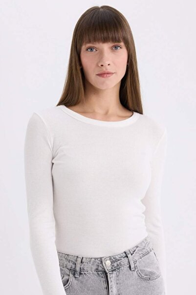 DeFacto Γυναικείο μακρυμάνικο μπλουζάκι E5767ax/er105 Ecru