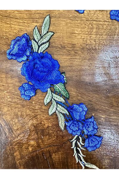 Gönülden Tasarım Blue Embroidery Flowers Coat of Arms Sewing Applique 25X11 cm