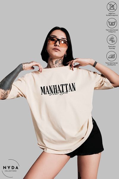 Nyda Collections Unisex Crew Neck New York Manhattan εμπριμέ βαμβακερό μπλουζάκι με κοντό μανίκι