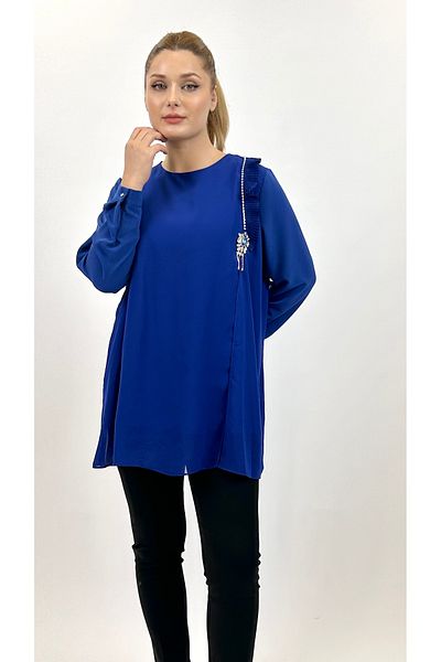Ayda Triko Zero Collar Crepe and Chiffon Pleat - Stone Embellished Plus Size Blouse