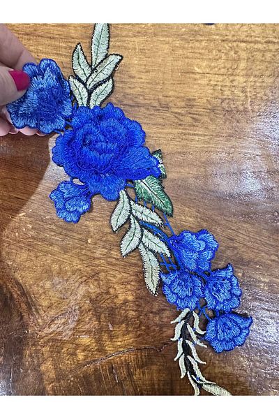Gönülden Tasarım Blue Embroidery Flowers Coat of Arms Sewing Applique 25X11 cm