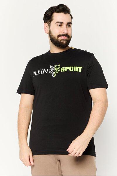 Plein Sport تي شيرت رجالي رياضي بأكمام قصيرة للأنشطة الخارجية، أسود