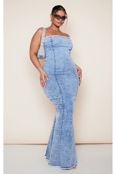 Şans Plus Size Lycra Light Blue Strapless Jeans - Πλενόμενο μακρύ φόρεμα 65N38796
