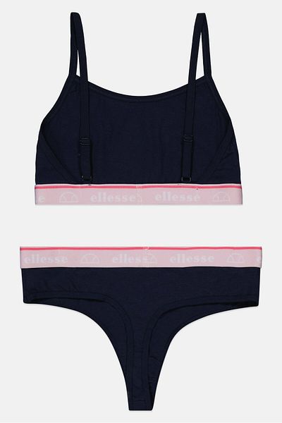 Ellesse طقم حمالة صدر وسروال داخلي بشعار العلامة التجارية للنساء مكون من قطعتين، أزرق داكن