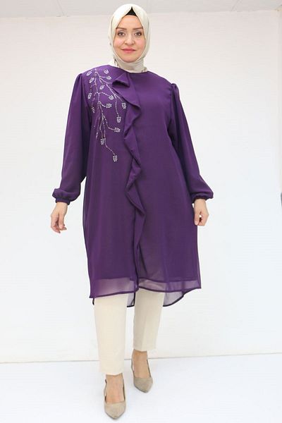 Eslina 58016 Plus Size Front Flounce Chiffon Tunic - Purple