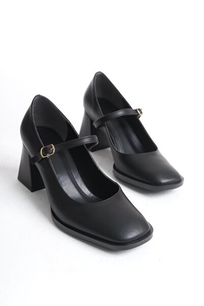 SEEM حذاء كلارا ذو مقدمة حادة وكعب سميك من الجلد باللون الأسود ماري جين