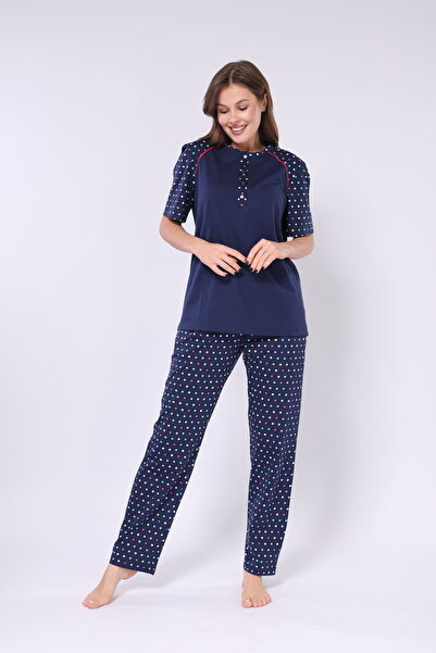 Mio Vero Navy Blue Fuchsia Green Polka Dot 100% Cotton Button Placket Lapel Short Sleeve Women's Pajamas Set with Pockets