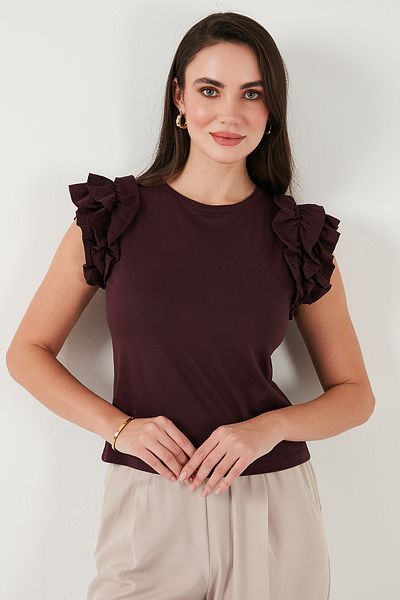 Lela Tricou cu mâneci din bumbac, cu volan, slim fit, cu decolteu, tricou5864500