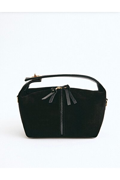 Miales Black 100% Genuine Suede Leather Women's Hand and Shoulder Bag with Zi...