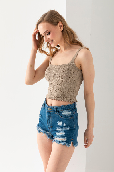 Wega Moda Къс топ с помпон и шарка презрамки, тениска без ръкави с V-образно ...