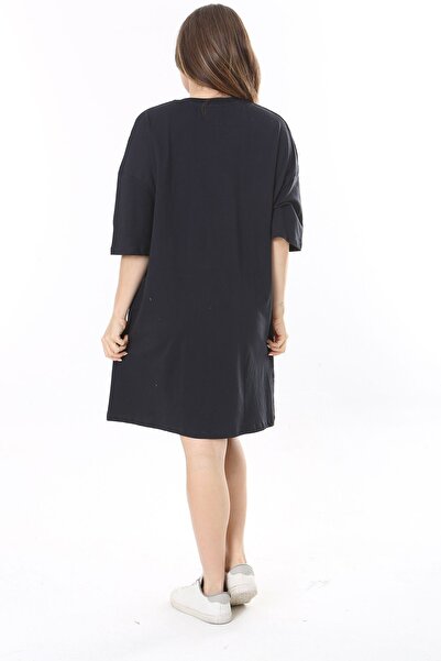 Şans Women's Large Size Navy Blue Front Printed Tunic Dress 65N37790