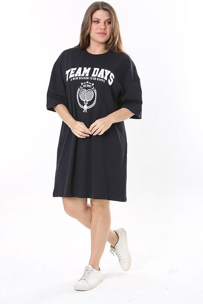 Şans Women's Large Size Navy Blue Front Printed Tunic Dress 65N37790