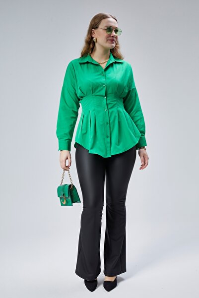 EMMAS CLOTHİNG Kadın Belden Oturtmalı Pileli Yeşil Gömlek