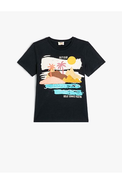 Koton Tricou din bumbac cu mânecă scurtă, cu imprimeu tropical, cu decolteu triplu