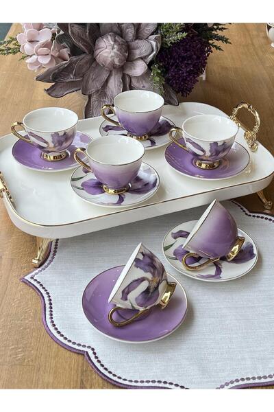 ROSSEV Türk Kahve Fincanı Orkide Çiçekli Yaldızlı 6 Kişilik 12 Parça