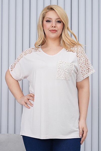Siyezen Plus Size Shoulder Lace Detail Blouse
