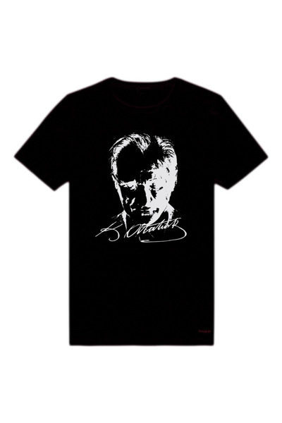 kısmet sepeti Tricou negru cu imprimeu Atatürk și detaliu semnătură