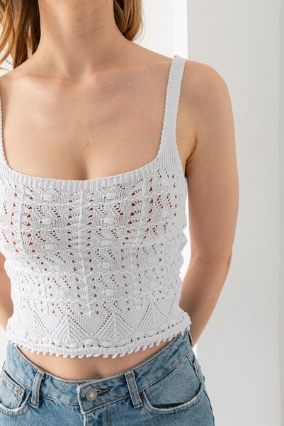 Wega Moda Pompom Patterned Strappy Crop Top, Body, Stylish Comfortable V-Neck Ribbed Sleeveless T-Shirt Crop, Strappy Crop, Top