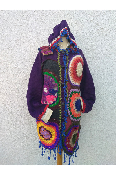 Hippybutik Mandala Desenli El Örgüsü Koyu Mor Otantik Çok Renkli Astarsız Pat...