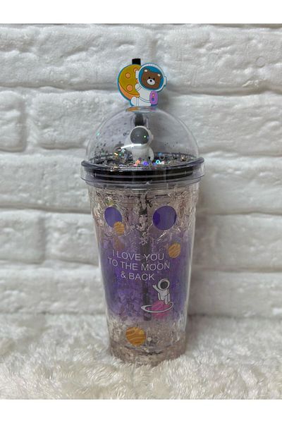 Zizu Colorful Mica Lighted Double Layer Glass Water Bottle with Straw 500 ml