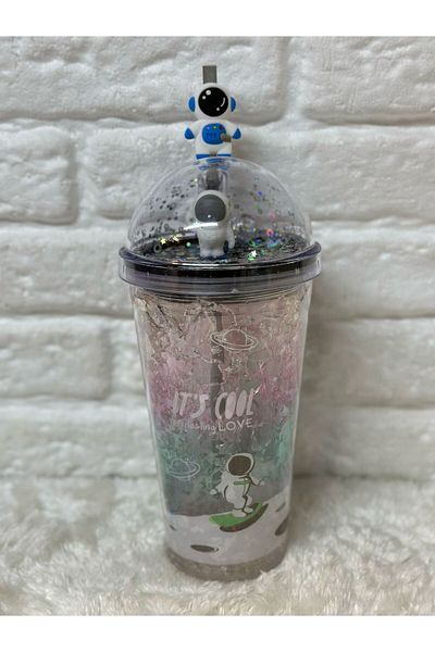 Zizu Colorful Mica Lighted Double Layer Glass Water Bottle with Straw 500 ml