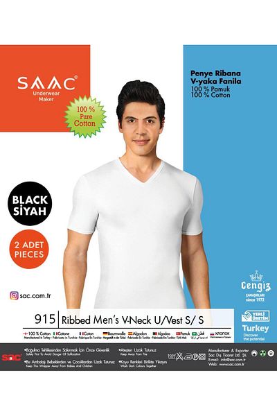 saac Men's Black V-Neck Rib Combed Cotton - 100% Cotton, Short Sleeve, Undershirt 915-2Pck-Wht