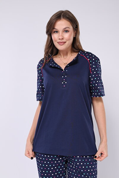 Mio Vero Navy Blue Fuchsia Green Polka Dot 100% Cotton Button Placket Lapel Short Sleeve Women's Pajamas Set with Pockets
