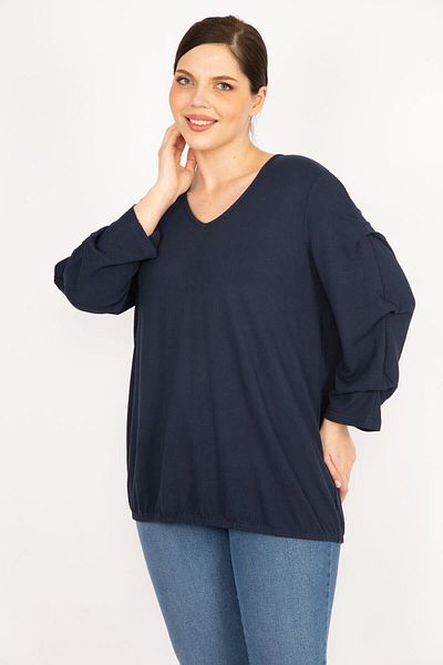 Şans Women's Navy Blue Large Size Sleeve Detailed Tunic with Elastic Hem 65n36075