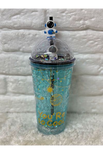 Zizu Colorful Mica Lighted Double Layer Glass Water Bottle with Straw 500 ml
