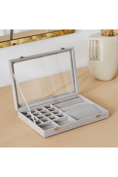 Home Box Velour Jewellery Box with Clear Lid 35x24x5.5 cm