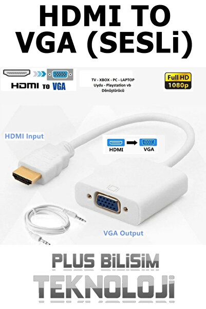 Plus Bilişim HDMI to Vga Sesli Dönüştürücü, Çevirici, HDMI in VGA Out Tablet, Laptop, PC, Projeksiyon Uyumlu