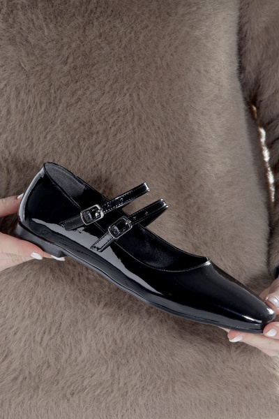 leopar by çetinay Square Toe Women's Black Patent Leather Luxury Ballerinas / Shoes