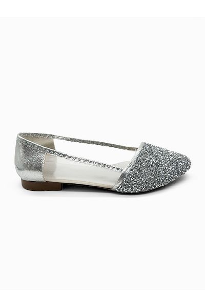 MAGGIO Women's Silver Small Stoned Mesh Ballerinas