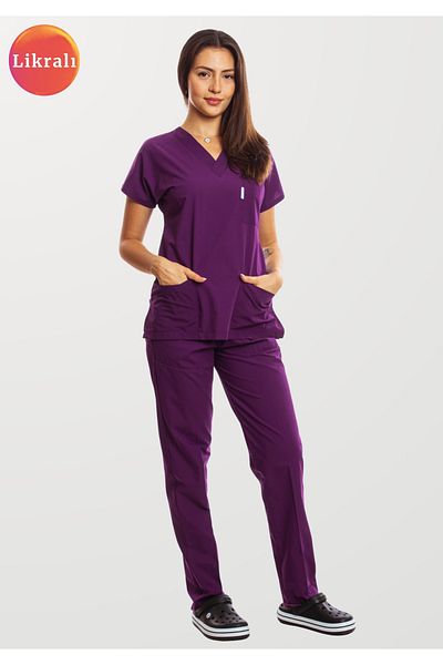Simirna Üniforma Purple Premium Fabric Lycra Surgical Doctor Nurse Jersey Scrubs Suit