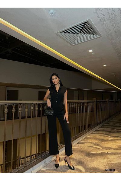 maf collection Women's Black V-Neck Button Detailed Jumpsuit with Pockets