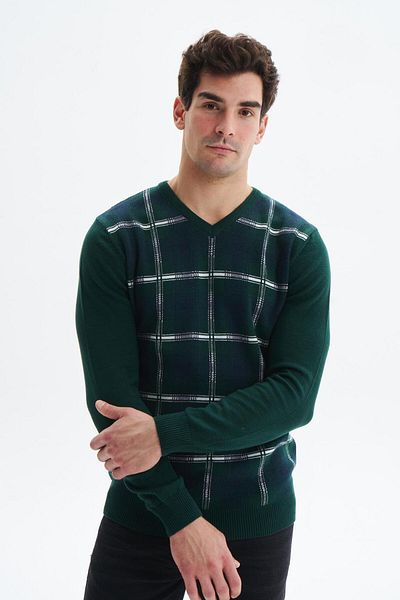 Arma Men's Green Slim Fit V-Neck Checked Sweater - K0Kro0860
