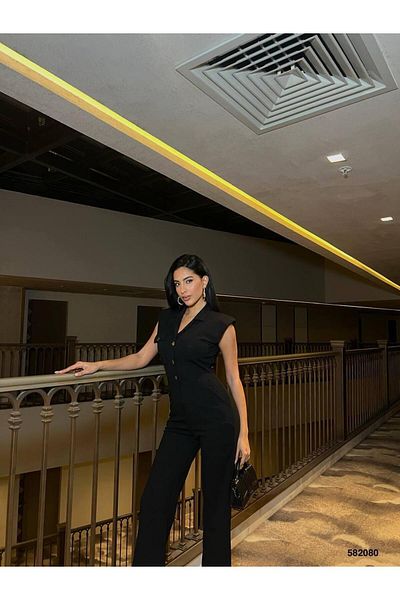 maf collection Women's Black V-Neck Button Detailed Jumpsuit with Pockets
