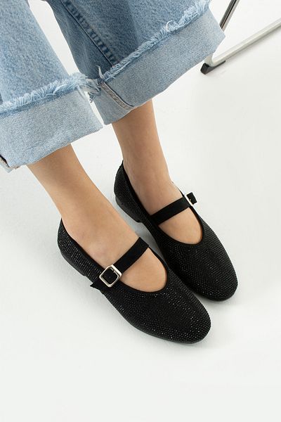 Neva'nın Butiği Glitter Round Toe Flat Sole Tape Detailed Stone Daily Use Ballerinas - Black