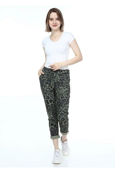 AYASOFYA OTANTIK Women's Italian Khaki Leopard Pattern Waist Tied Skinny Trousers