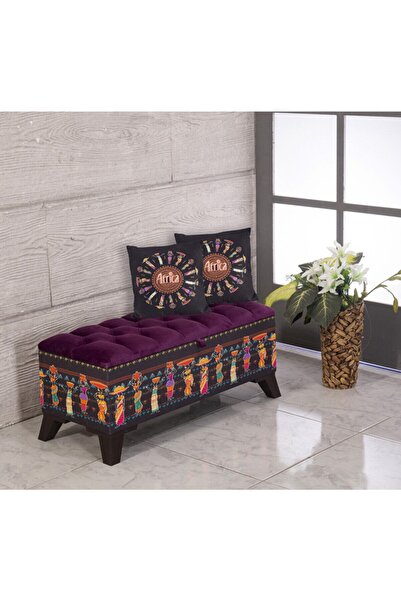 Armi Puf Kapitoneli Siyah Afrika Desenli Sandıklı Puf+2 Kırlent